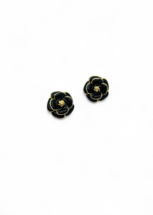 Amara Double-Petal Flower Earrings - Black